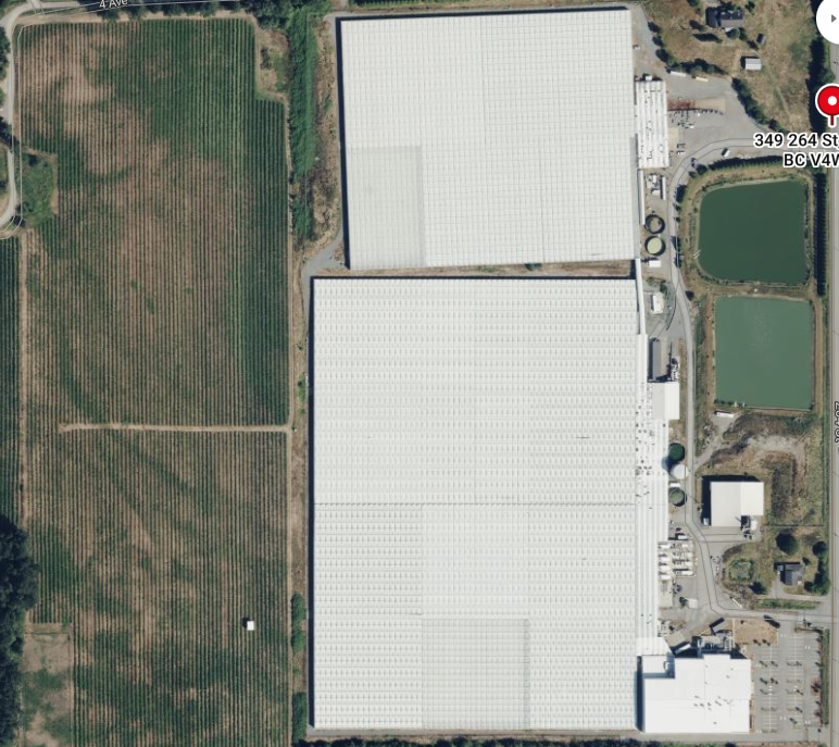 Aerial view showing the glass greenhouse roofs, surrounding fields and ponds