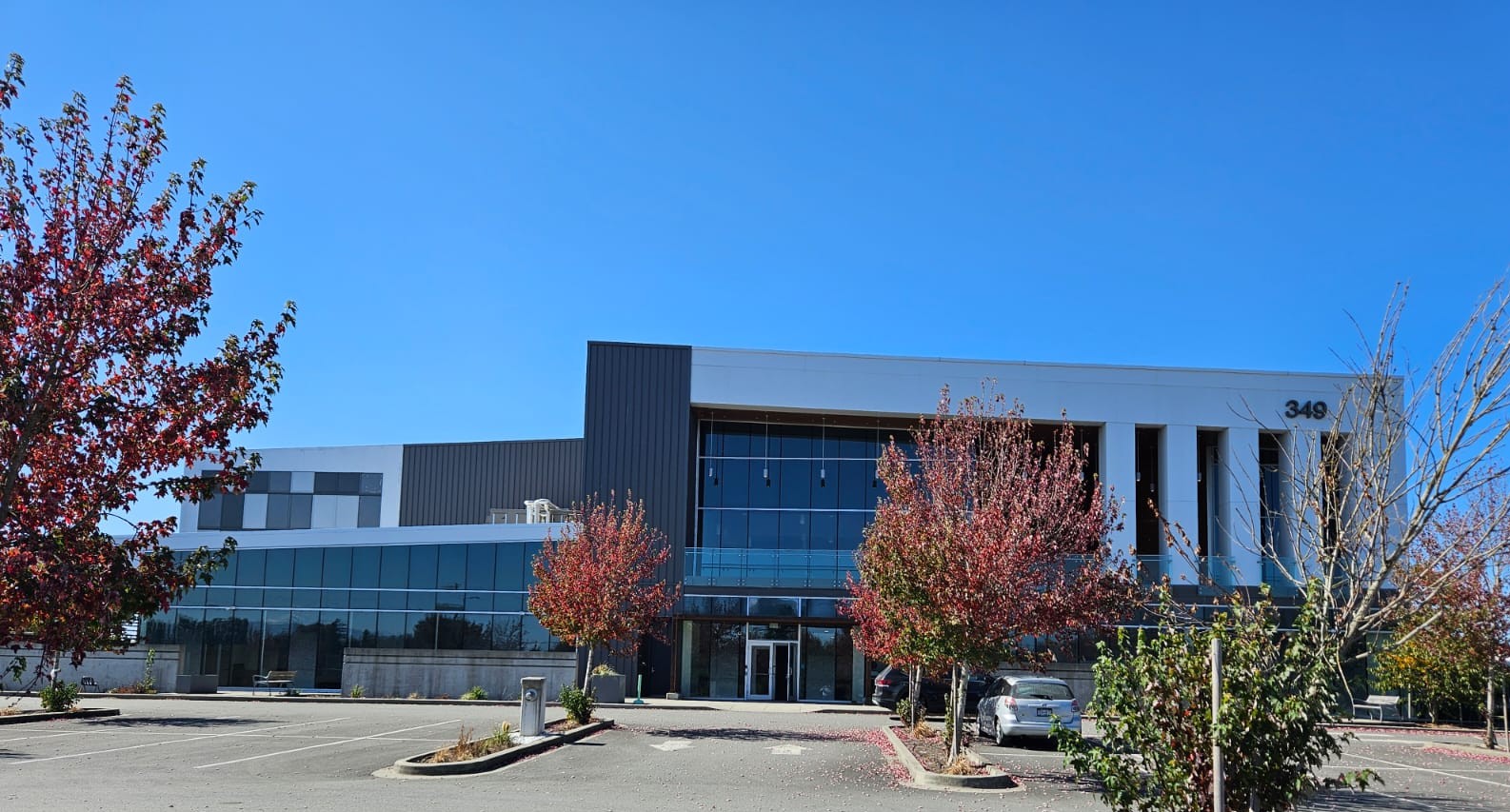 The building at 349 with its glass-fronted entrance, landscaped trees and parking area