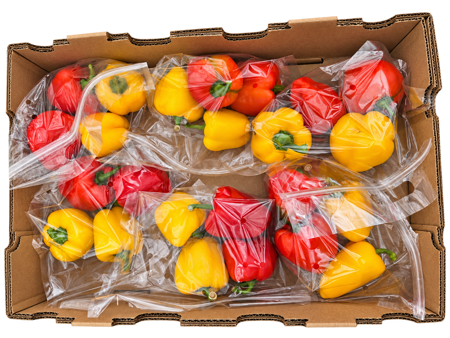 A produce carton containing bags of red and yellow bell peppers